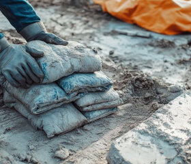 Handen met werkhandschoenen stapelen zandzakken op een modderige ondergrond.