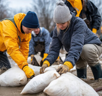 Mensen plaatsen zandzakken in stromend water om overstroming tegen te gaan.